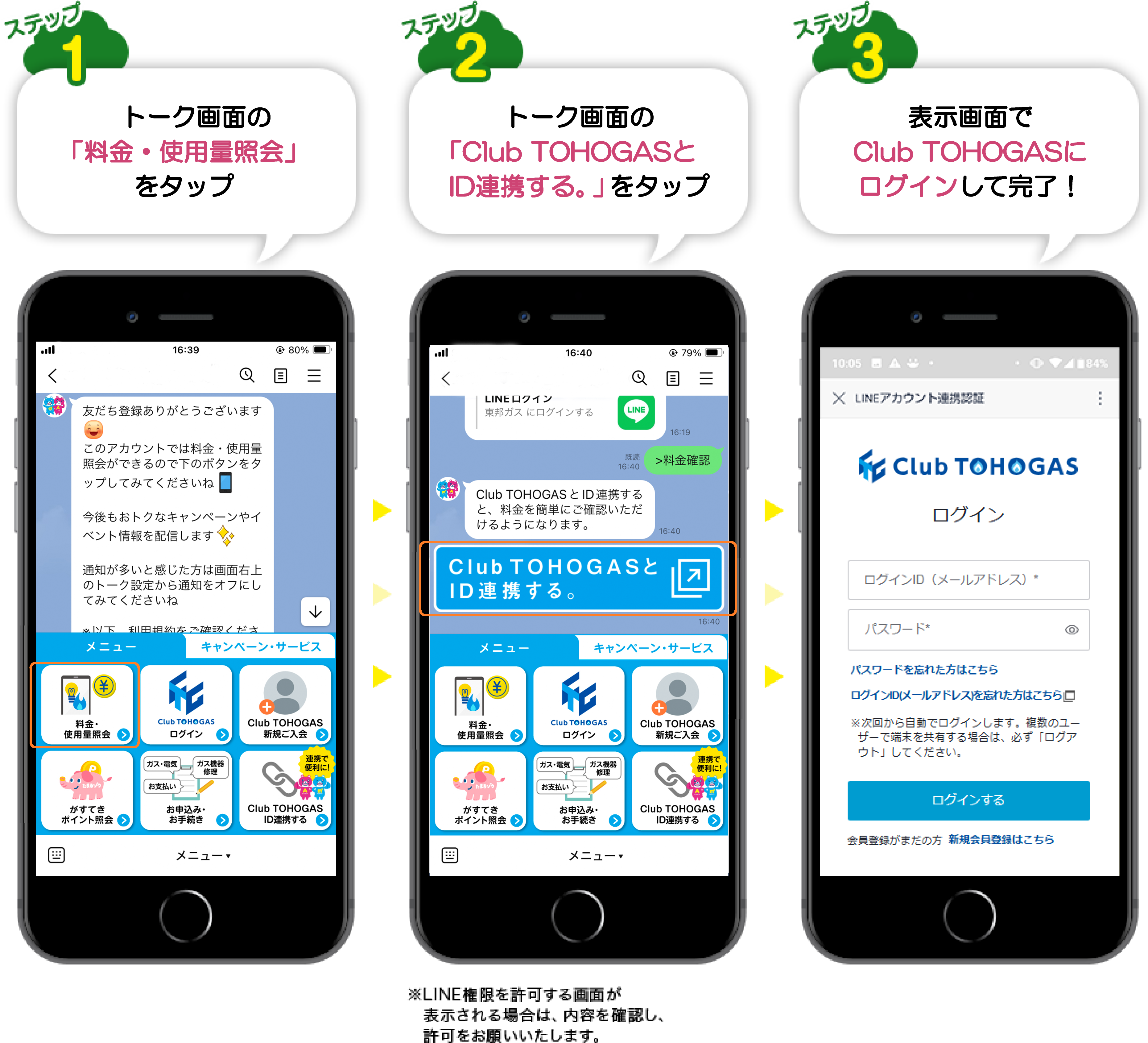 ステップ1トーク画面の「料金・使用量照会」をタップ　ステップ2トーク画面の「Club TOHOGASとID連携する。」をタップ　ステップ3表示画面にClub TOHOGASのID・パスワードを入力して、「認証して連携する」をタップで完了！